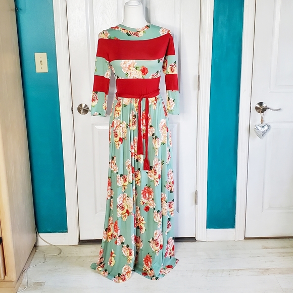 Reb & J Maxi Dress Vintage Floral Aqua  Green Red Elastic Waist NWOT Medium - Picture 3 of 16